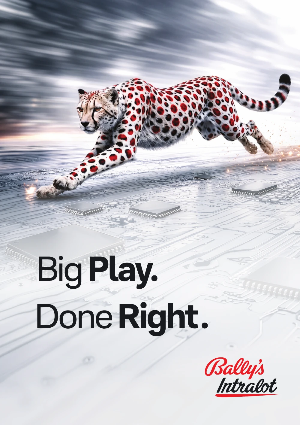 Bally's Intralot print advertisement featuring a cheetah running across computer circuitry