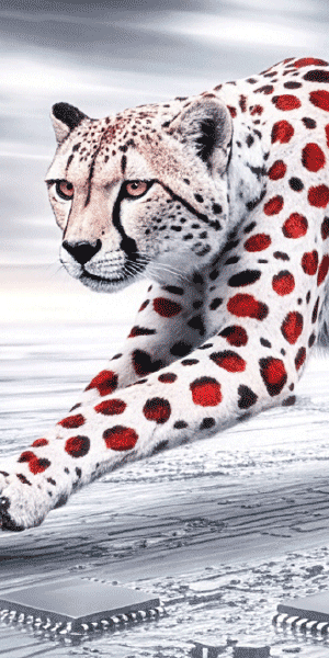 Animated Bally's Intralot banner showing a red-spotted cheetah running over computer circuitry