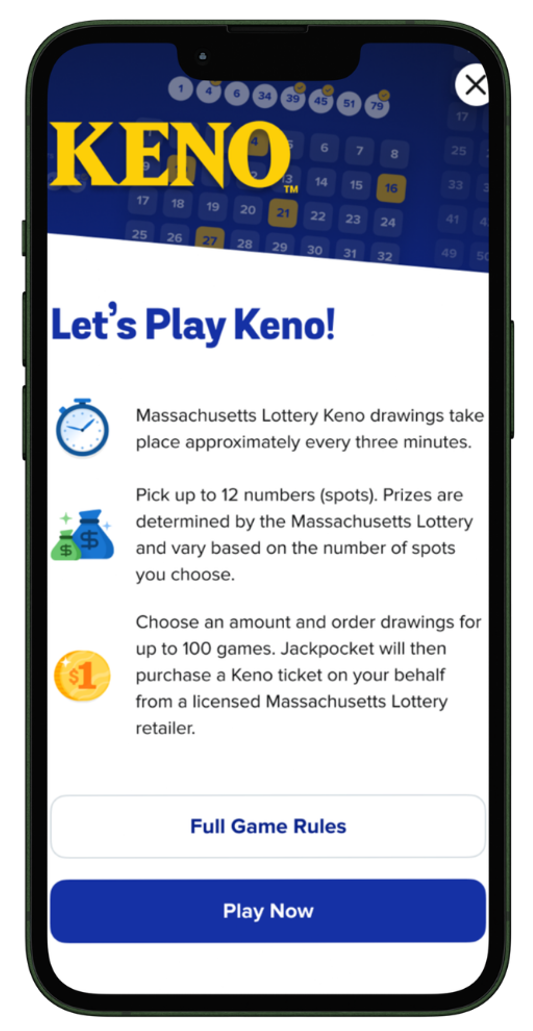 Jackpocket Keno game instructions in the Massachusetts app